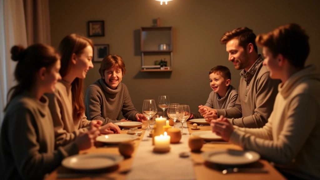 Famille souriante autour d'une table festive, sans argent visible, moment joyeux et détendu