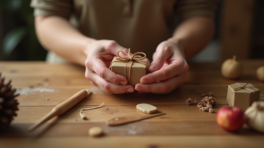 Mains créatives assemblant des matériaux naturels pour un projet artisanal de cadeau personnalisé