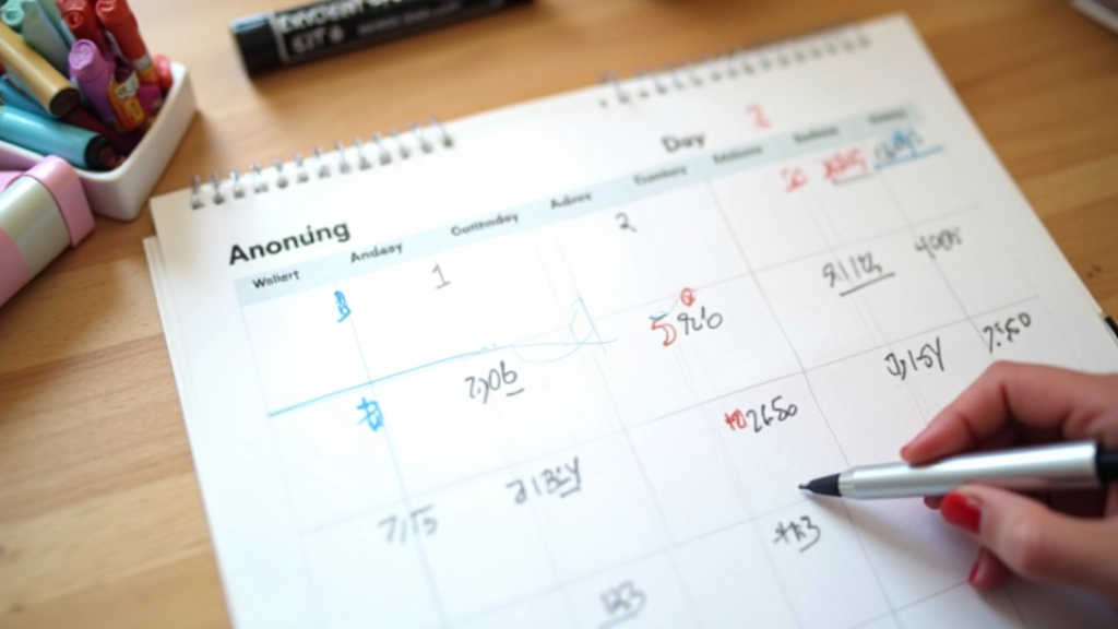 Tableau de planification annuelle avec dates marquées pour Noël, anniversaires et occasions spéciales, écrit à la main avec des couleurs différentes