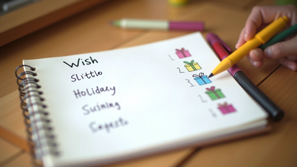 Liste de souhaits manuscrite avec des icônes de cadeaux et des dates de fêtes marquées au stylo