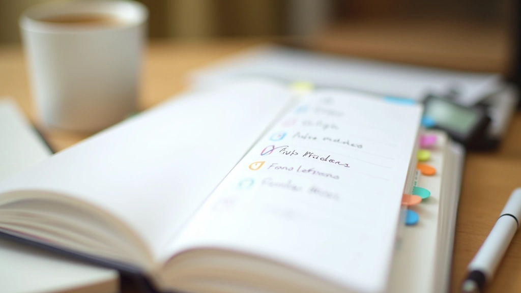 Cahier de planification ouvert avec des onglets colorés séparant les différentes occasions et bénéficiaires de cadeaux