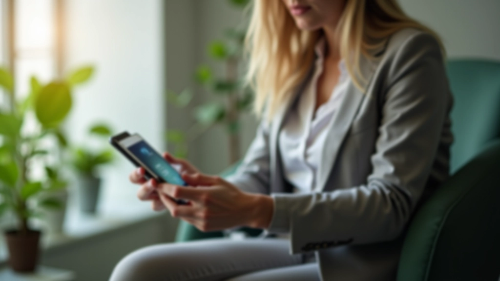 Personne tenant un téléphone avec une application de suivi budgétaire affichée, environnement de bureau moderne avec plantes vertes