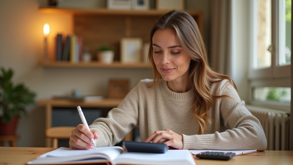Femme assise à un bureau avec un carnet de budgétisation et une tasse de café, calculatrice visible, lumière naturelle douce