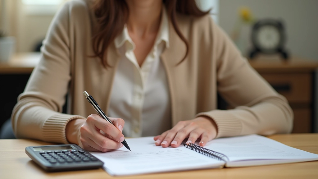 Tableau de budget décembre écrit à main levée avec stylo et calculatrice sur bureau en bois